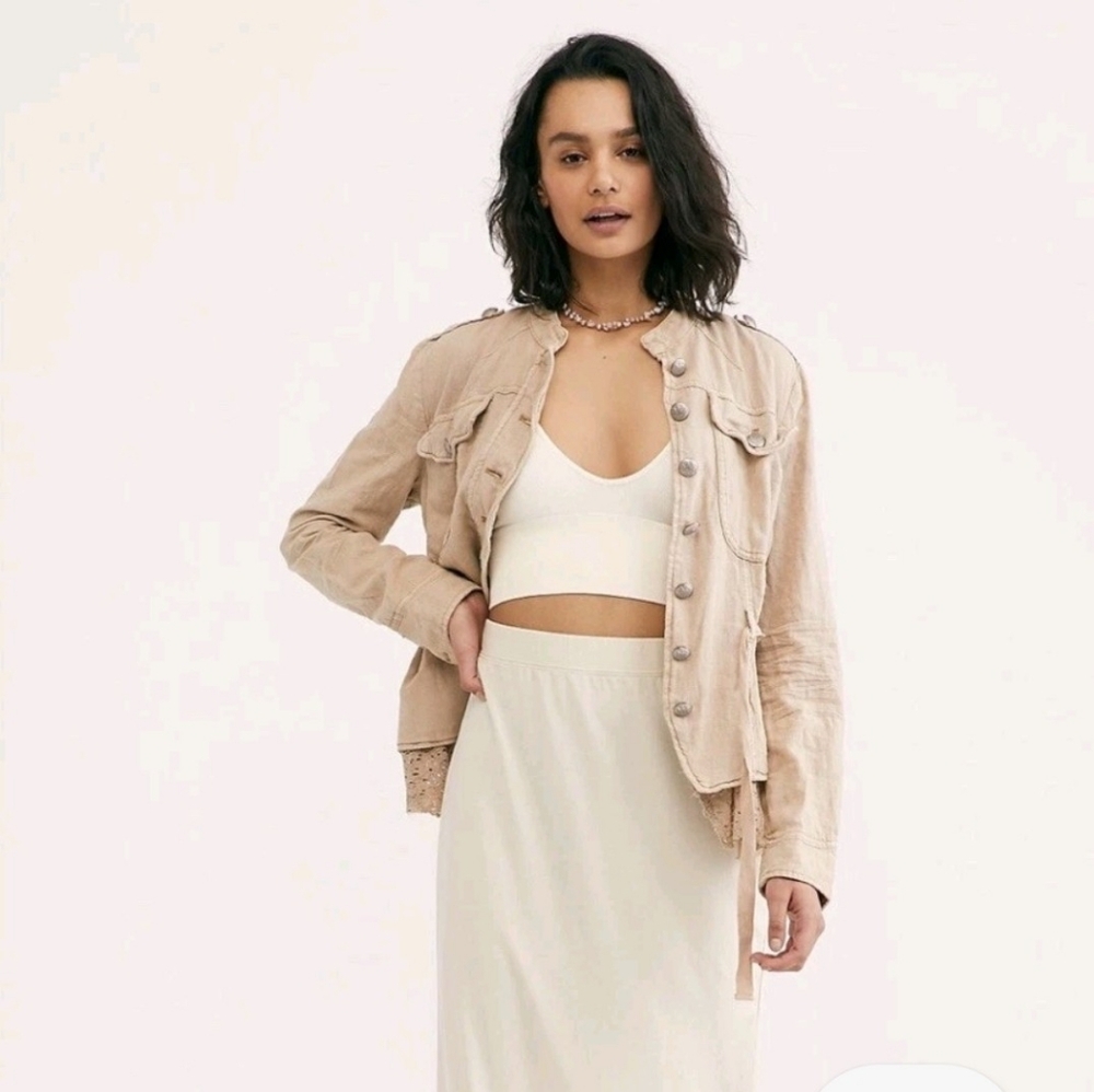 Free People Emilia Lace-Trim Button Down Military Jacket Size XS Sand Tie Waist